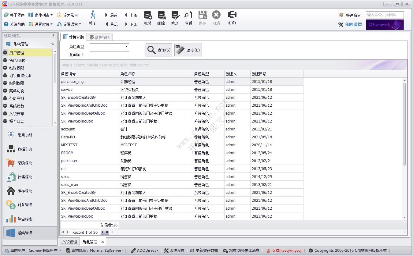 角色/岗位管理 | 实例源码 | C/S快速开发框架旗舰版V5|软件手册
